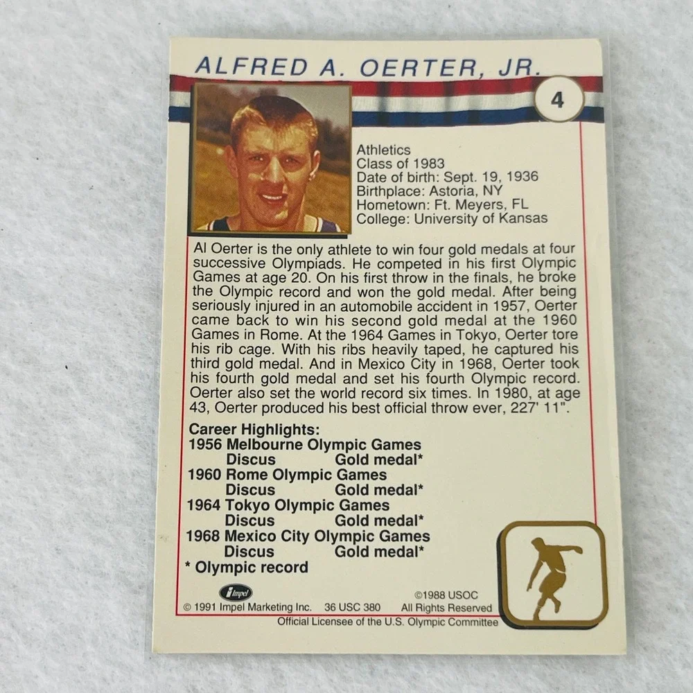 1991 Impel US Olympic Hall of Fame Al Oerter #4 Trading Card Athletics Discus